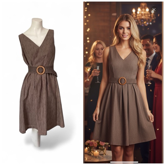 Nine West Fit & Flare Knee Length V-neck Cocoa Color Subtle PatternDress Size 4 - Picture 1 of 16